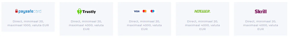 Betaalmethoden bij Mason Slots Casino, waaronder Paysafecard, Trustly, Visa, Mastercard, Maestro, Neteller en Skrill, met stortingslimieten van €20 tot €4.000