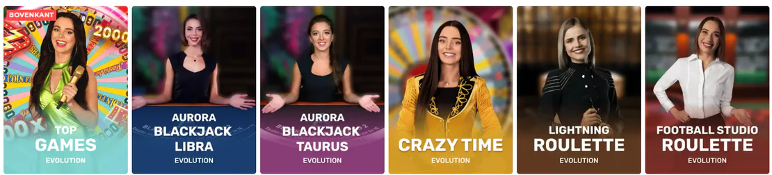Live casinospellen bij Mason Slots Casino, waaronder Top Games, Aurora Blackjack Libra, Aurora Blackjack Taurus, Crazy Time, Lightning Roulette en Football Studio Roulette