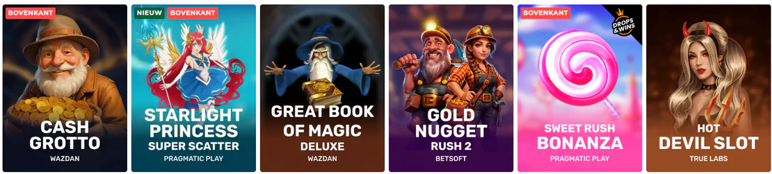Populaire gokkasten bij Mason Slots Casino, waaronder Cash Grotto, Starlight Princess Super Scatter, Great Book of Magic Deluxe, Gold Nugget Rush 2, Sweet Rush Bonanza en Hot Devil Slot